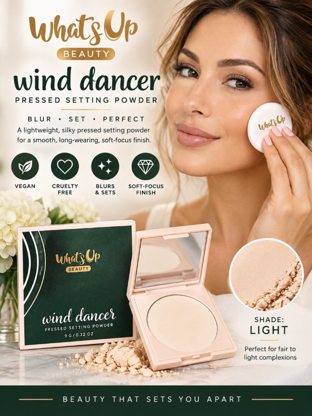 What’s Up Beauty Wind Dancer Pressed Setting Powder Color:Light,  Full Size NEW